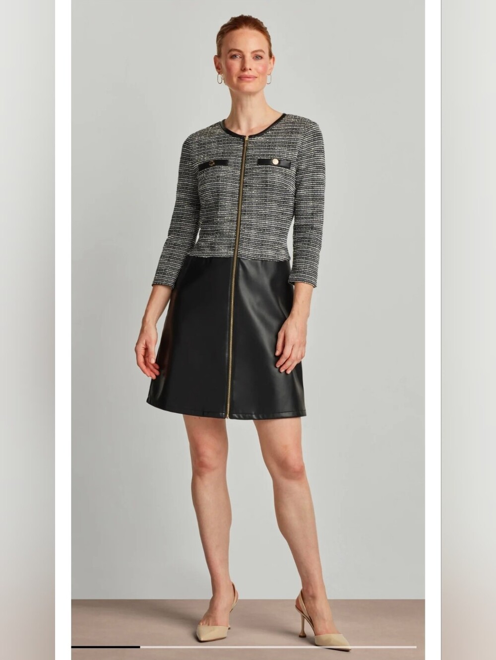 NWT Ellen Tracy Jacquard Knit Dress With Vegan Leather Skirt, Large